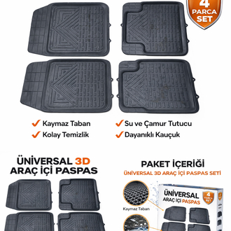 3D Üniversal Oto Paspas Seti 5 Parça Kaymaz Tabanlı Araç İçi Paspas