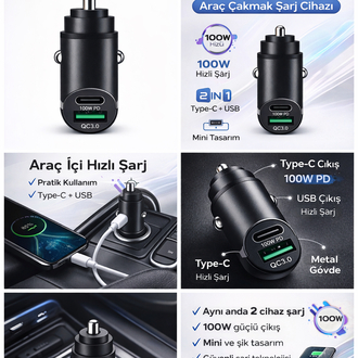 100W Hızlı Şarj Araç Şarj Cihazı – Çift Çıkışlı Mini Araç Çakmak Soketi Adaptörü