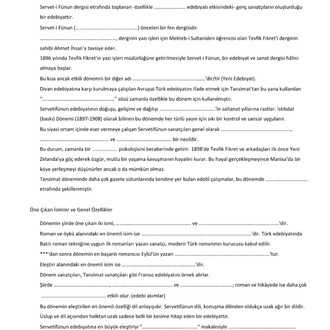 Servetifünun Edebiyatı (Boşluk Doldurmalı) Ders Notları