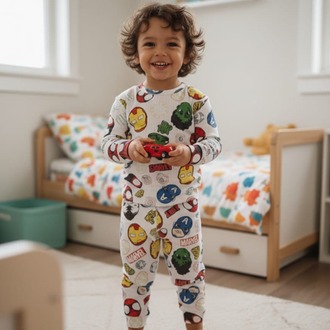 Süper kahramanlar desenli düz model pijama takımı.