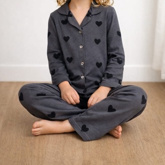 Siyah Kalp Model Düğmeli Pijama Takımı