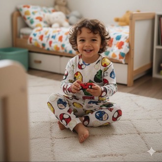 Süper kahramanlar desenli düz model pijama takımı.