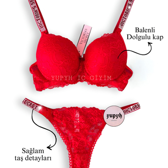  Victoria’s Secret Taşlı Kırmızı Dantelli Sütyen Takım