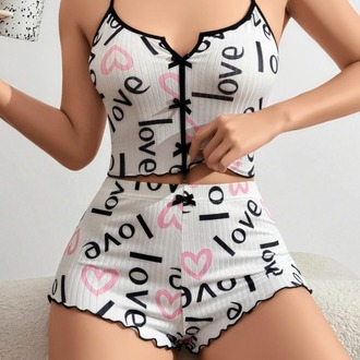 ZARVIA Love Kalp Baskılı Crop Şort Pijama Takımı %100 Pamuk Beyaz 