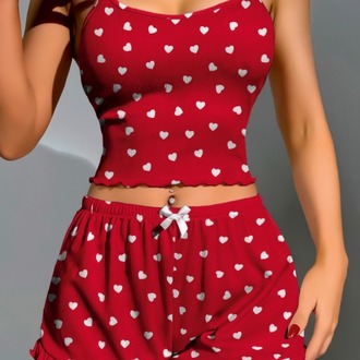 ZARVIA Pamuklu Kırmızı Beyaz Kalpli Fitilli Crop Şort Pijama Takımı