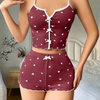 ZARVIA Kalp Desenli Crop Şort Pijama Takımı %100 Pamuk Kahverengi