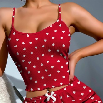 ZARVIA Pamuklu Kırmızı Beyaz Kalpli Fitilli Crop Şort Pijama Takımı
