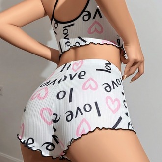 ZARVIA Love Kalp Baskılı Crop Şort Pijama Takımı %100 Pamuk Beyaz 