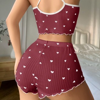 ZARVIA Kalp Desenli Crop Şort Pijama Takımı %100 Pamuk Kahverengi