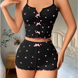 ZARVIA Kalp Desenli Şort Crop Pijama Takımı %100 Pamuk Siyah