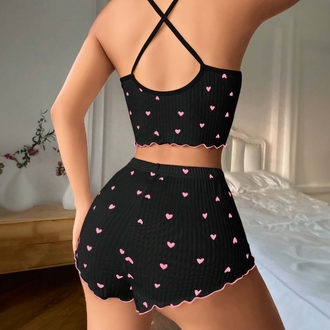 ZARVIA Kalp Desenli Şort Crop Pijama Takımı %100 Pamuk Siyah
