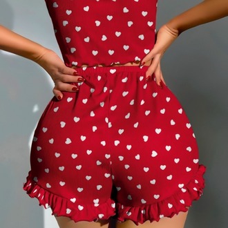 ZARVIA Pamuklu Kırmızı Beyaz Kalpli Fitilli Crop Şort Pijama Takımı