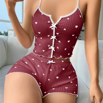 ZARVIA Kalp Desenli Crop Şort Pijama Takımı %100 Pamuk Kahverengi