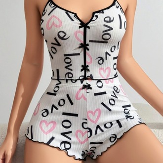 ZARVIA Love Kalp Baskılı Crop Şort Pijama Takımı %100 Pamuk Beyaz 