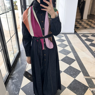 Düğme Detaylı Denim Elbise 