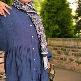 Organik Müslin Oversize (Bol) Büzgülü Elbise Lacivert 36-50 Beden