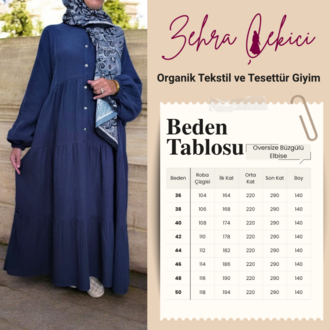 Organik Müslin Oversize (Bol) Büzgülü Elbise Lacivert 36-50 Beden