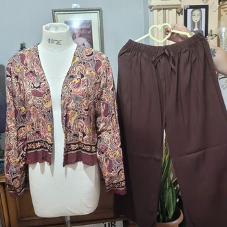 STD/Kahverengi Etnik Desenli Kimono Takım