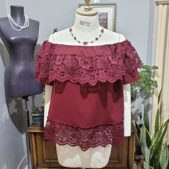 STD/Madonna Bordo Dantel Detaylı Bohem Bluz