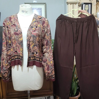 STD/Kahverengi Etnik Desenli Kimono Takım