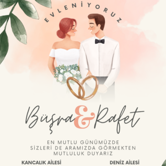Krem ve Yeşil İllüstrasyon Dikey Düğün Davetiye