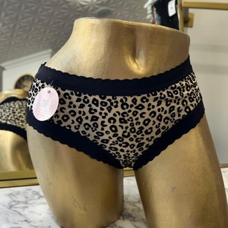 Kahverengi Leopar Desenli Siyah Biyeli Hipster Külot