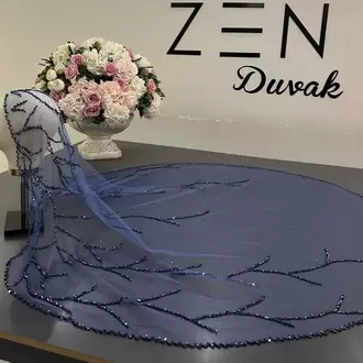 İndigo nakışlı dal model gelin duvağı