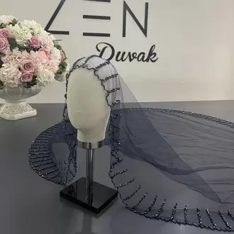 Lacivert nakışlı gelin duvağı