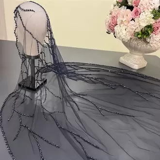 Lacivert dal model nakışlı gelin duvağı