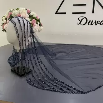 Lacivert nakışlı gelin duvağı