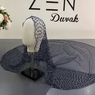 Lacivert nakışlı gelin duvağı