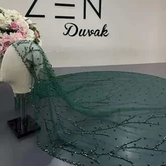 Yeşil inci nakışlı dal model gelin duvağı