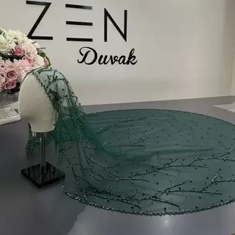 Yeşil inci nakışlı dal model gelin duvağı