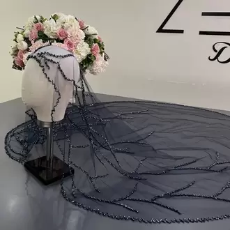 Lacivert dal model nakışlı gelin duvağı