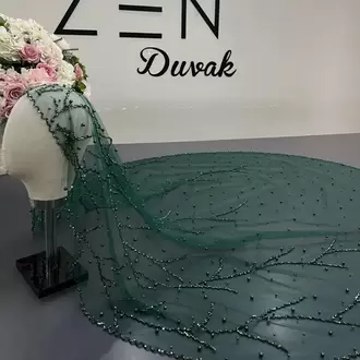 Yeşil inci nakışlı dal model gelin duvağı