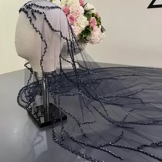 Lacivert dal model nakışlı gelin duvağı