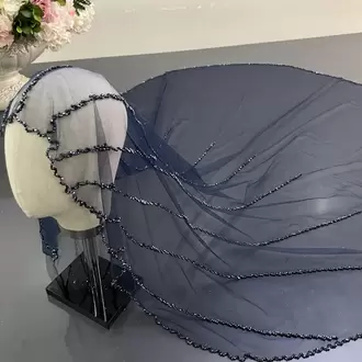 Lacivert nakışlı gelin duvağı
