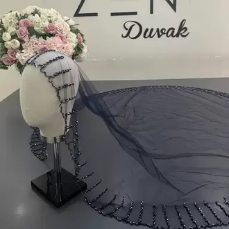 Lacivert nakışlı gelin duvağı