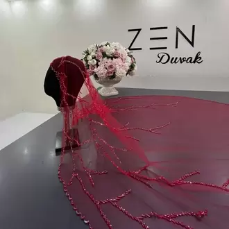 Kırmızı nakışlı dal model gelin duvağı