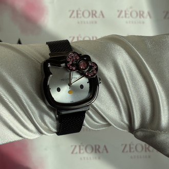 Hello Kitty Siyah Çelik Kasa Mıknatıslı Kadın Saat