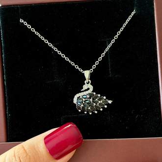 Çelik | Siyah Taşlı Kuğu Kolye Silver