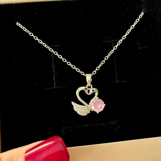 Çelik | Pembe Işıltı Kalp Kuğu Kolye Silver