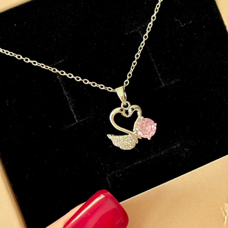 Çelik | Pembe Işıltı Kalp Kuğu Kolye Silver