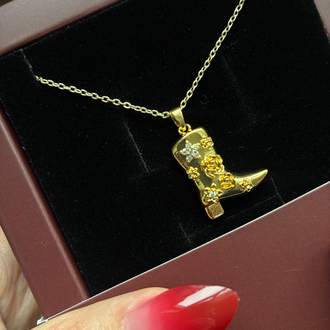 Çelik | Çiçekli Çizme Gold Kolye 