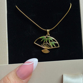 Çelik | Yeşil Çiçek Detaylı Yelpaze Gold kolye