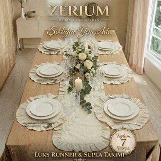 Premıum Fırfırlı Keten 7’li Runner ve Supla Şık Sofra & Sunum Çeyiz Seti – 20252001302