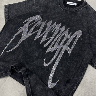 Yıkamalı Revenge Taşlı T-Shirt (Siyah)