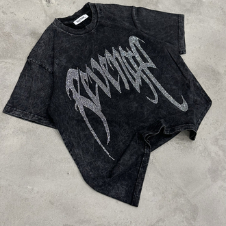 Yıkamalı Revenge Taşlı T-Shirt (Siyah)