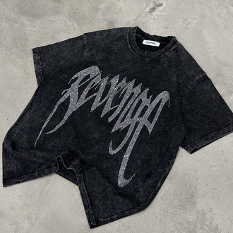 Yıkamalı Revenge Taşlı T-Shirt (Siyah)