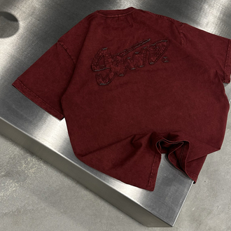 STWD Yıkamalı Aplikeli T-Shirt (Bordo)